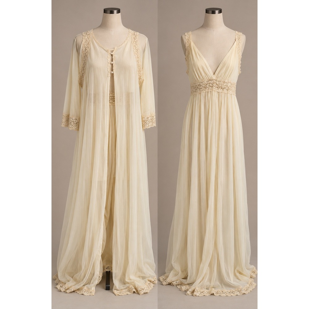 Gossard Artemis Vintage Ivory Lace Chiffon Nightgown Set S Victorian Romantic